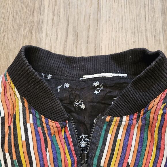 Vtg Multicolor Stripe Bomber Jacket Womens MArtsy Ecletic Floral Lining Full Zip - Picture 5 of 8
